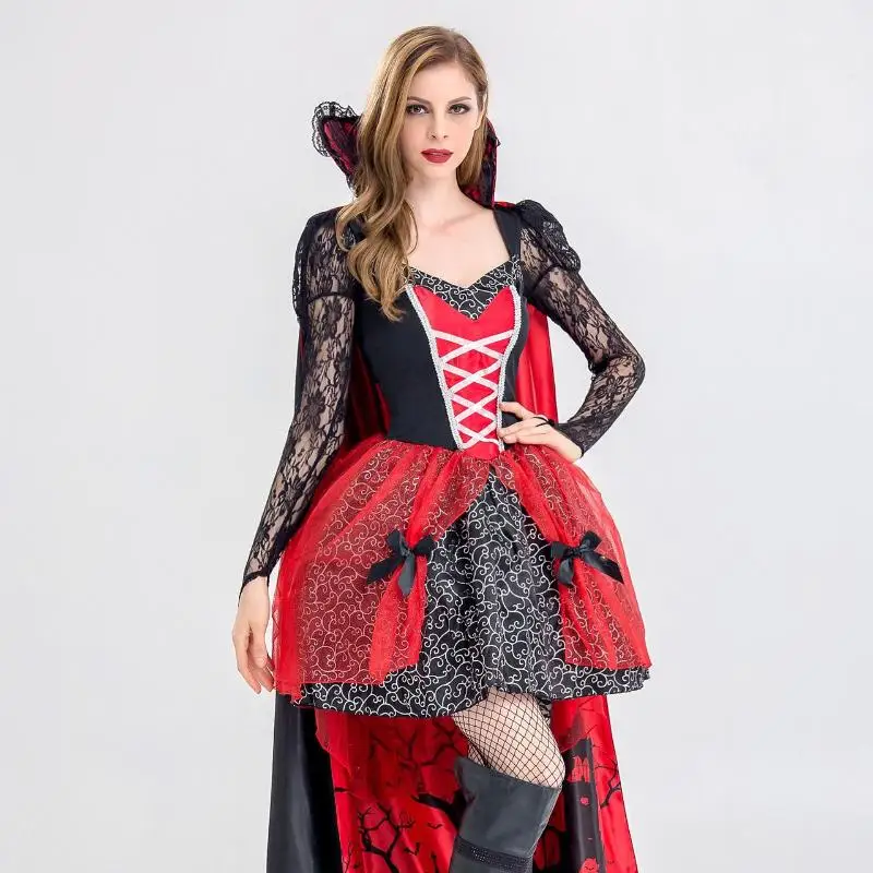 Kleur Cosplayer Halloween Heksenjurk Vrouwen Middeleeuwse Vintage Vampier Cosplay Kostuum Kanten Lange Mouw Party Performance Pakken