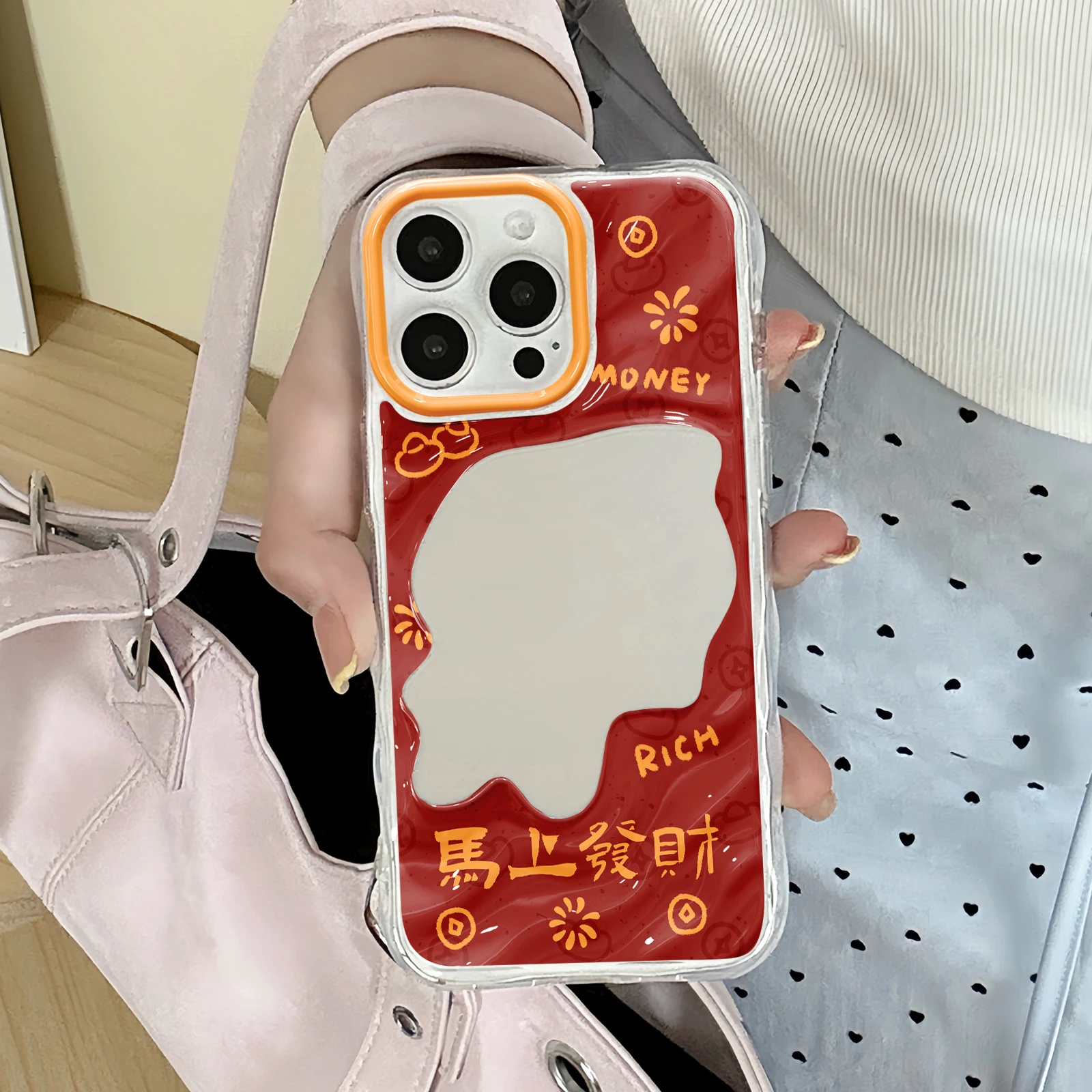 Coque de téléphone miroir porte-bonheur chinois festif, étui transparent ondulé tout jaune avec cadre d'appareil photo en TPU pour toutes les séries iPhone 11-17