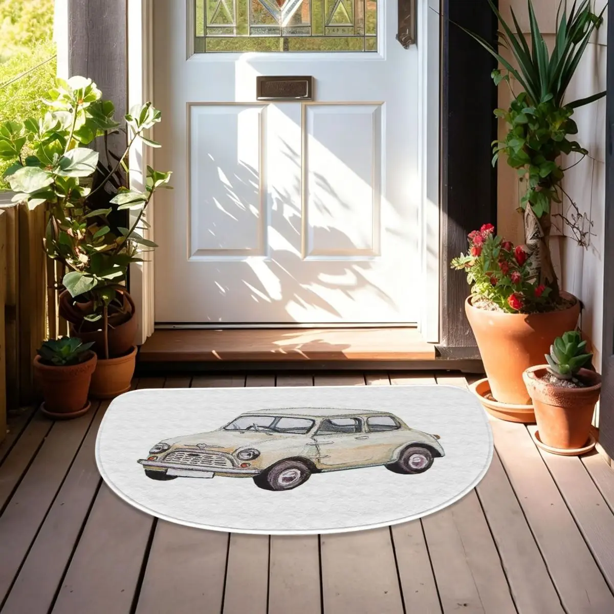 Classic White Mini Cooper In Watercolor Style Soft Flannel Half Round Doormat Non Slip Bathroom Mat Absorbent Floor Carpet