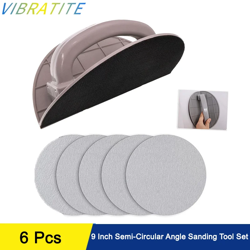 9 Inch Semi-Circular Angle Sanding Tool Set 6 Pcs with Hook and Loop Round Sandpaper 180 Grit for Corners and Walls Cleaning