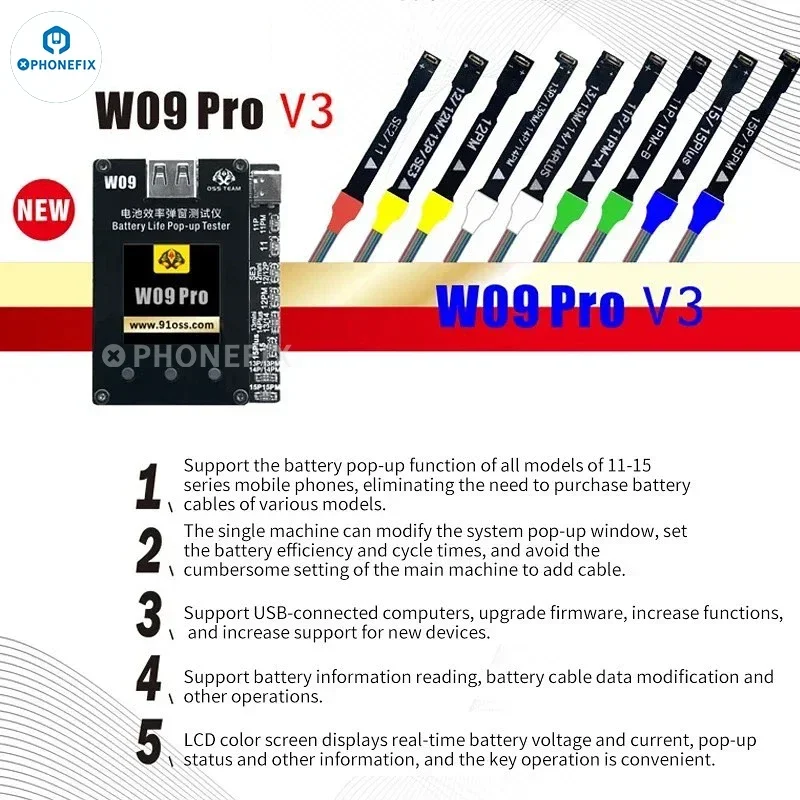 OSS W09 Pro V3 Battery Life Pop-Up Tester com linha para iPhone, 11-15PM, Reparação Reset, Health Data Cycle