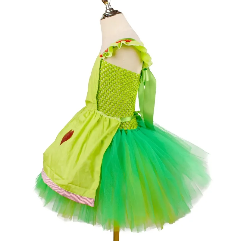 New Girls Green Cartoon Mesh Dress Set, Kids Flared Skirt for Birthday & Holiday Party, Special Clothing for Halloween Carnival