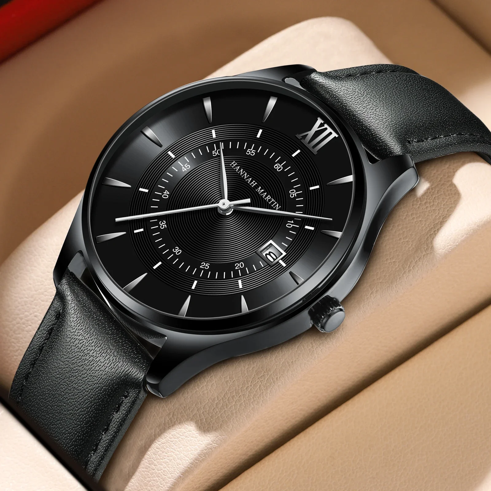 

Hannah Martin 1231 Fashion Black Leather Men's Quartz Watch Top Business Style Calendar Waterproof Watches for Man Reloj Hombre