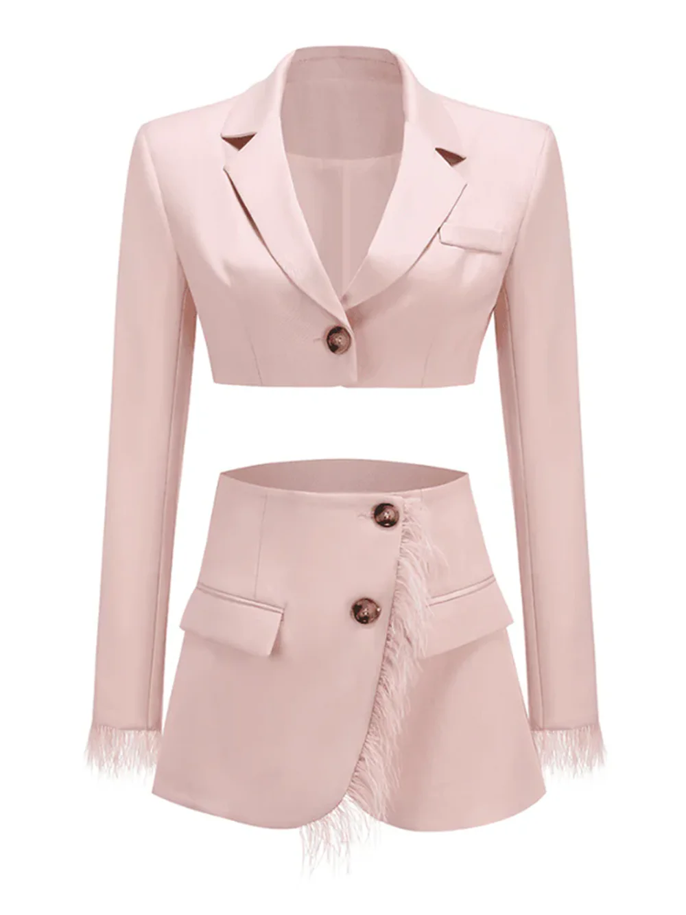 Modphy Elegant Pink Feather Women's Suit Set Elegant Notched Short Blazer+High Waist Mini Skirt Two Piece Set