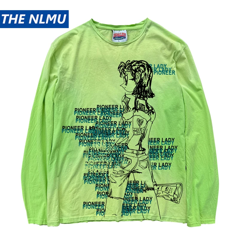 

2025 New Cartoon Graphic Dirty Washed T-shirts Vintage Long Sleeve T Shirts Casual Tee Tops Unisex Retro Cotton Tshirts Y2K