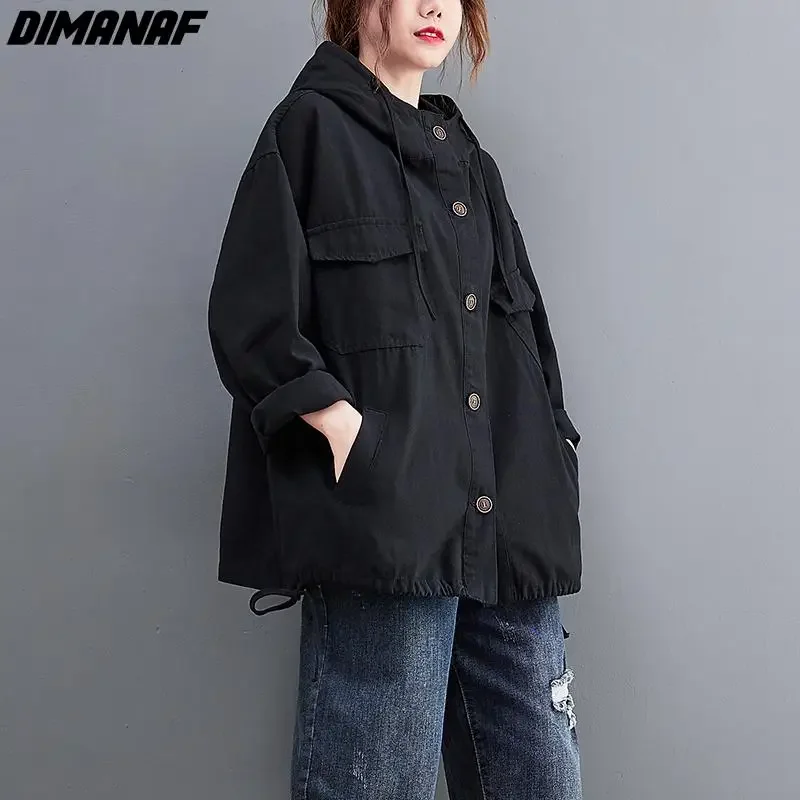 DIMANAF 2024 New Oversize Jackets Female Women Cotton Black Spliced Coat Solid Red