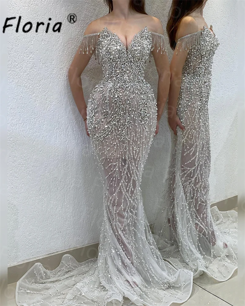 

Delicate Crystal Beadings Evening Dress Tassel Pearls Mermaid Wedding Party Dress Formal Occasion Gown Off the Shoulder Robes