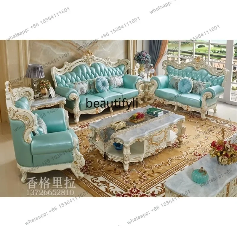 yj7 European leather sofa full solid wood carving flower living room first layer cowhide pastoral 123 combination sofa
