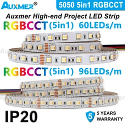 5050 RGBCCT Luzes de tira LED, 60 ou 96 LEDs/m, 5 em 1, IP20, 38,4 W/m, tiras de LED RGBCCT 2400K~6500K, temperatura ajustável, KTV, faça você mesmo