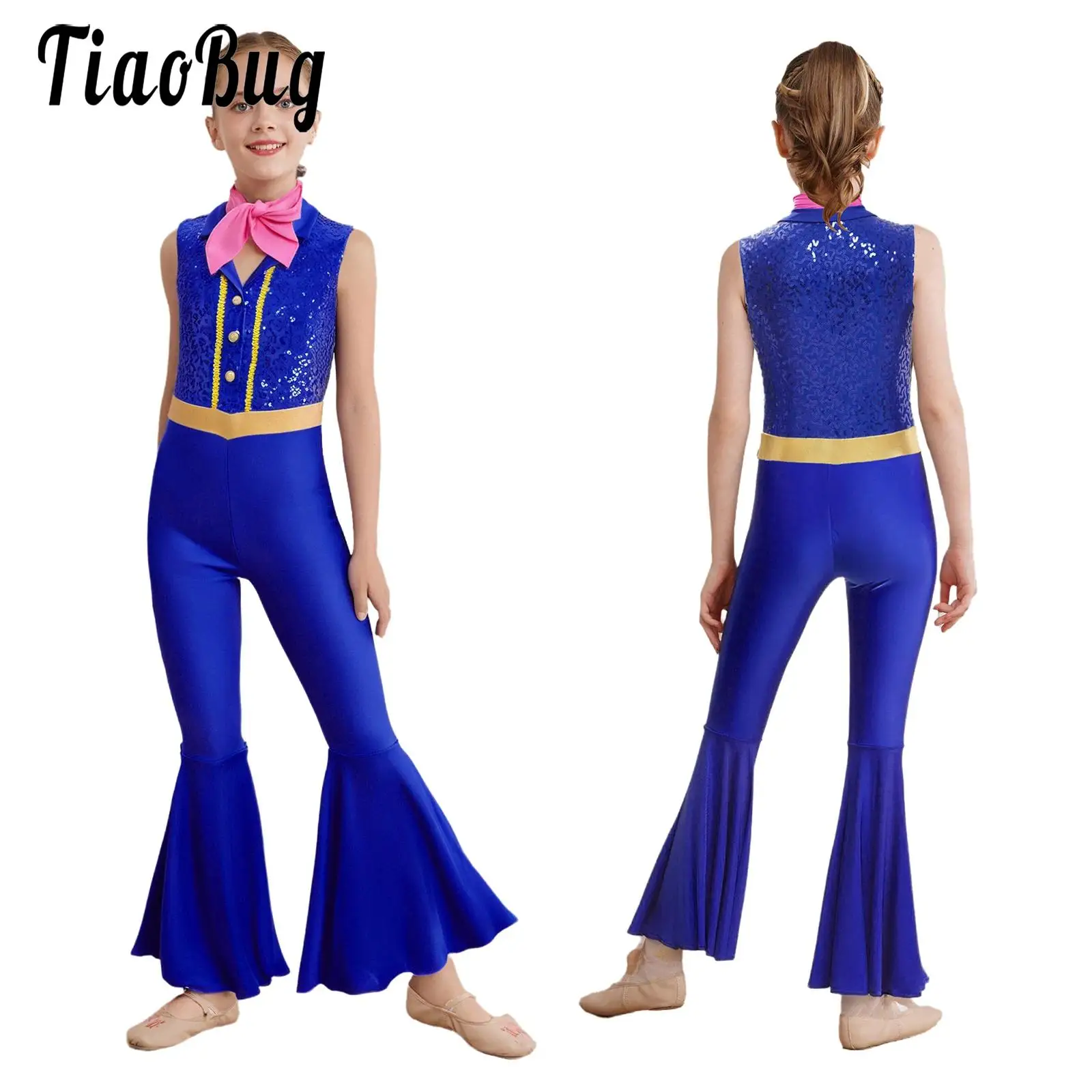

Kids Girls 60s 70s Disco Sequins Full Body Jumpsuit Shiny Sleeveless Lapel Collar Sleeveless Bell-Bottom Bodysuits with Scarfs