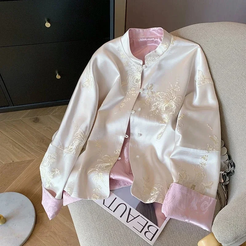 

New Popular Fashionable Chinese Style Tang Suit Top Embroidered Satin Stand Collar Jacket Women Spring Retro Zen Thin Top