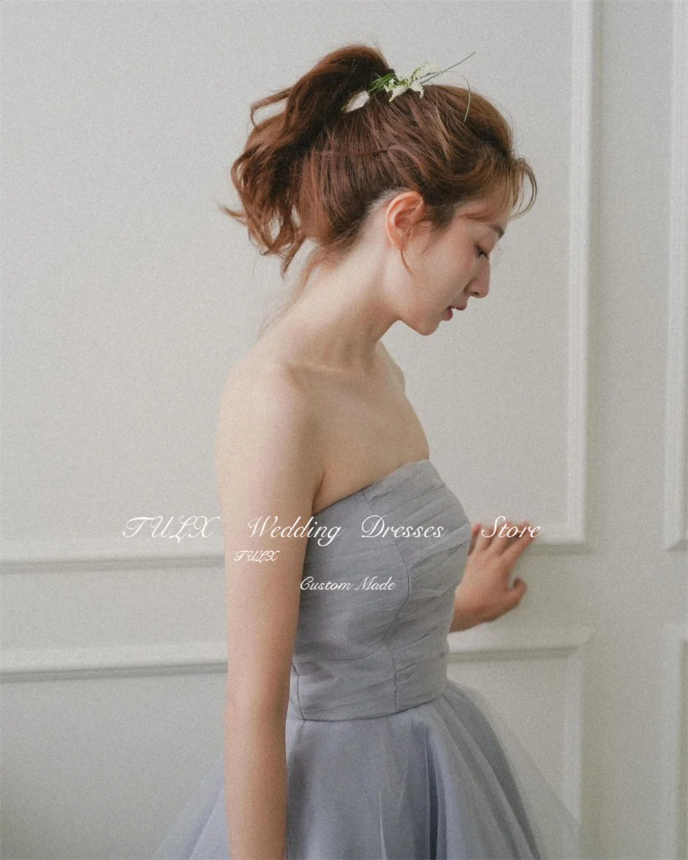 TULX Fairy สาย Tulle ชุดราตรีเกาหลีงานแต่งงานถ่ายภาพชุดที่ไม่มีสายหนังสีฟ้าความยาวชั้นชุดรัดตัวที่กําหนดเอง