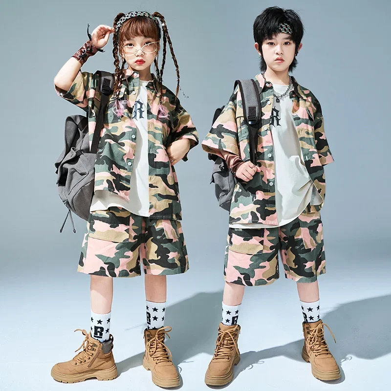 Pink Camouflage Short Sleeve Shirt Top Casual Cargo Shorts Girl Boy Jazz Dance Costume Clothes Set Kid Kpop Hip Hop Clothing