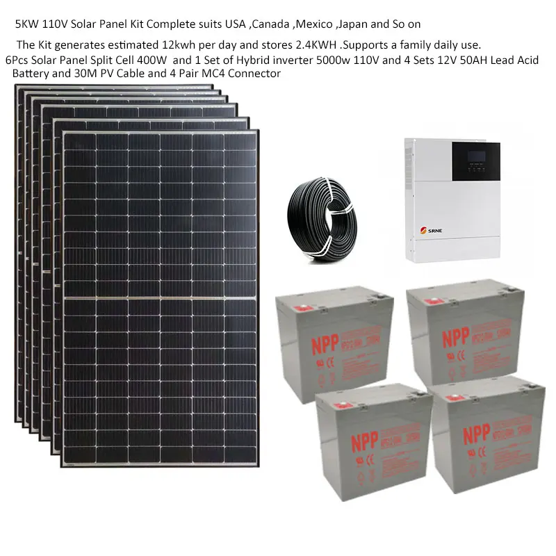 Sistema Solar con batería de plomo ácido, 5000W, 5kW, 220v, 110V, 400W, inversor híbrido MPPT, sistema fuera de red, hogar, dormitorio, granja