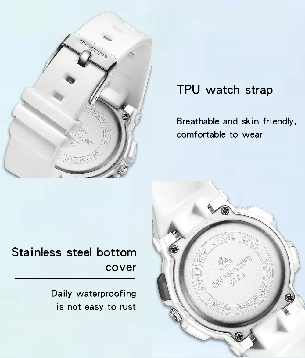 Sanda 6123 Trendy Design Soft Student Watch TPU Strap 50M Depth Waterproof Quartz Movement Children Fashion Sports Wrist Watch