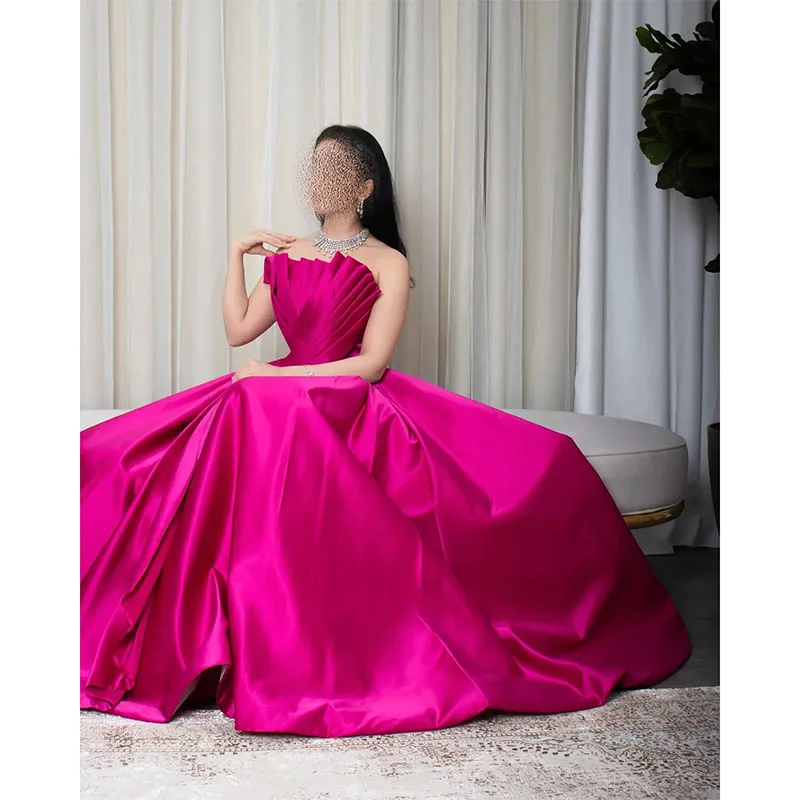 Fuchsia Satin Dubai gaun malam untuk wanita bergigi tanpa lengan panjang Satin A-line pesta Prom gaun pakaian ulang tahun