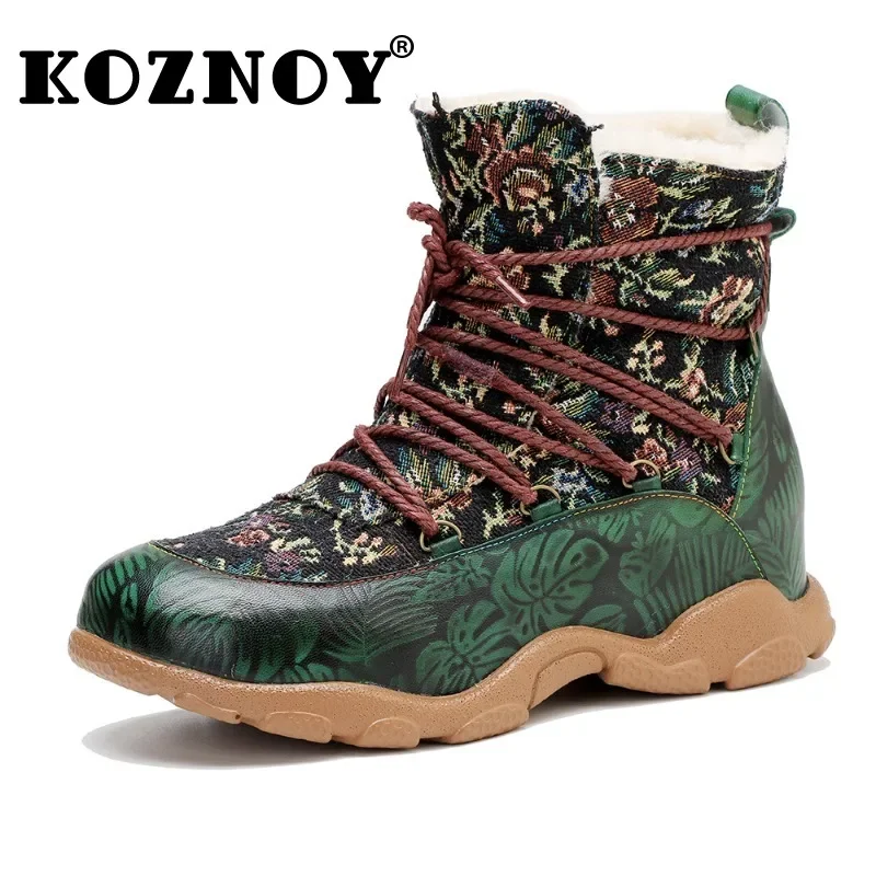 

Koznoy 3cm Print Cloth Jacquard Embossed Flower Woman Flats Loafer Plus Size Sheepskin Leather Autumn Spring Ankle Boots Shoes