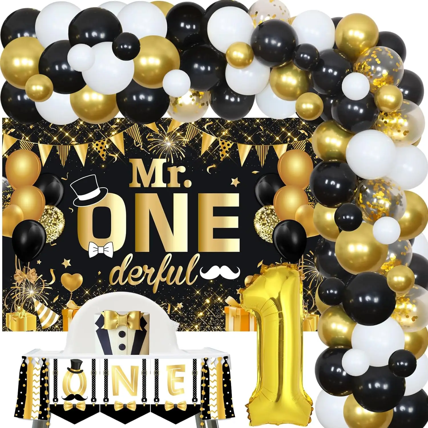 

Mr Onederful 1st Birthday Decor Balloon Garland Arch Backdrop with One High Chair Banner Baby Boy First Birthday Party Supplies