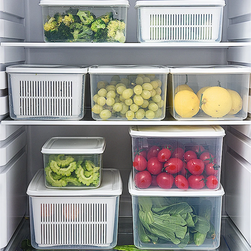 Refrigerator Storage Box Fridge Organizer Fresh Vegetable Fruit Boxes Drain Basket Storage Containers Pantry Kitchen Organizer