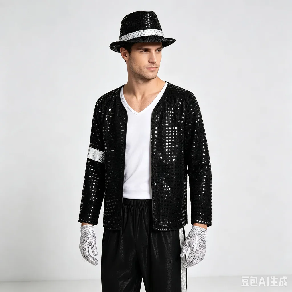 Michael Jackson Pailletten-Kostümset für Erwachsene und Kinder, silberfarbene Streifenjacke, Hose, Hut, Handschuhe, Beinwärmer, Pop-Star-Outfit – Detail 8