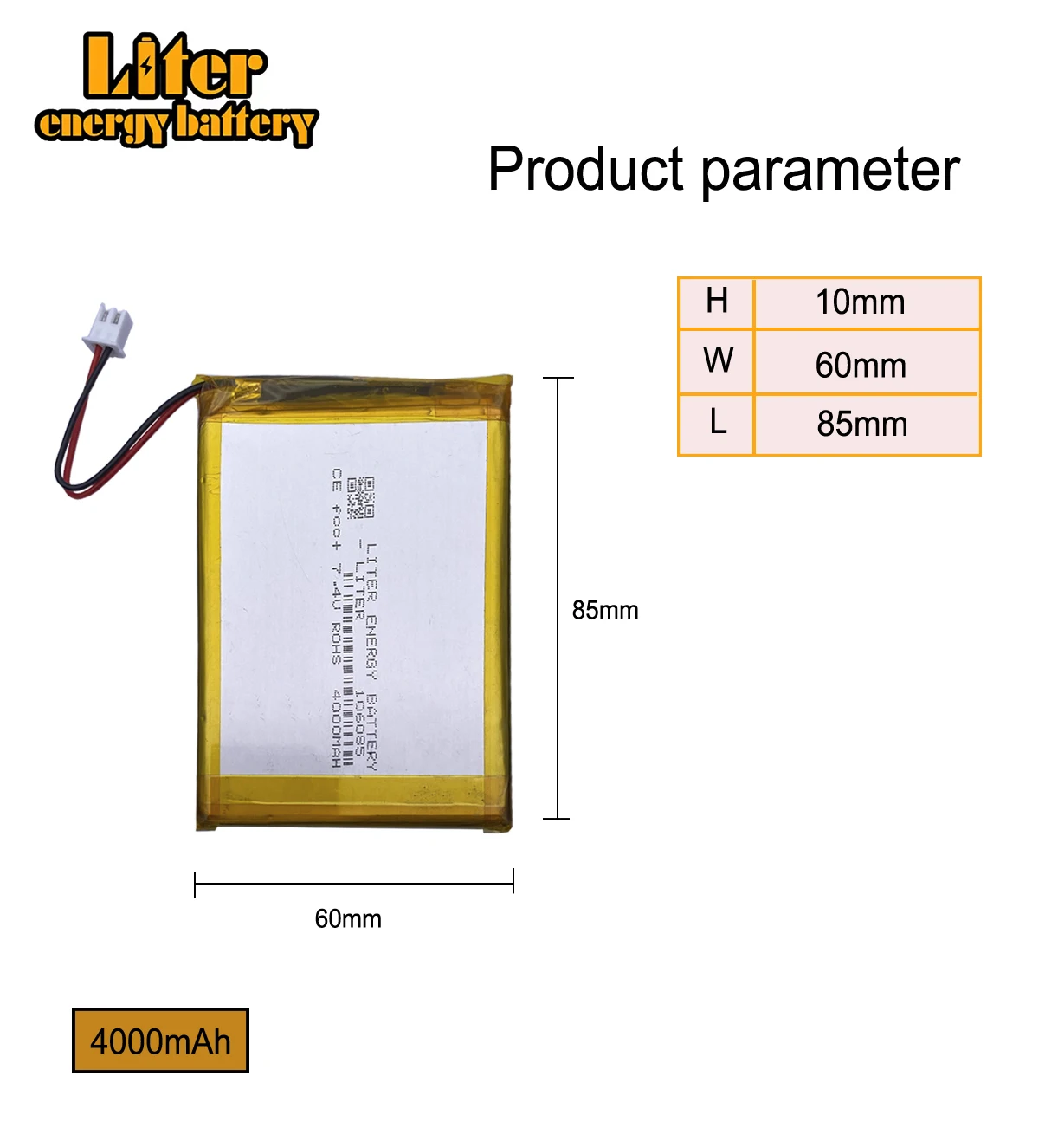 XH2.5/2P connector 7.4V 4000mAh 106085 Polymer Li-ion battery for DVD Satellite Finder Meter  WS6902 WS6912 WS6909 WS6918 WS6922