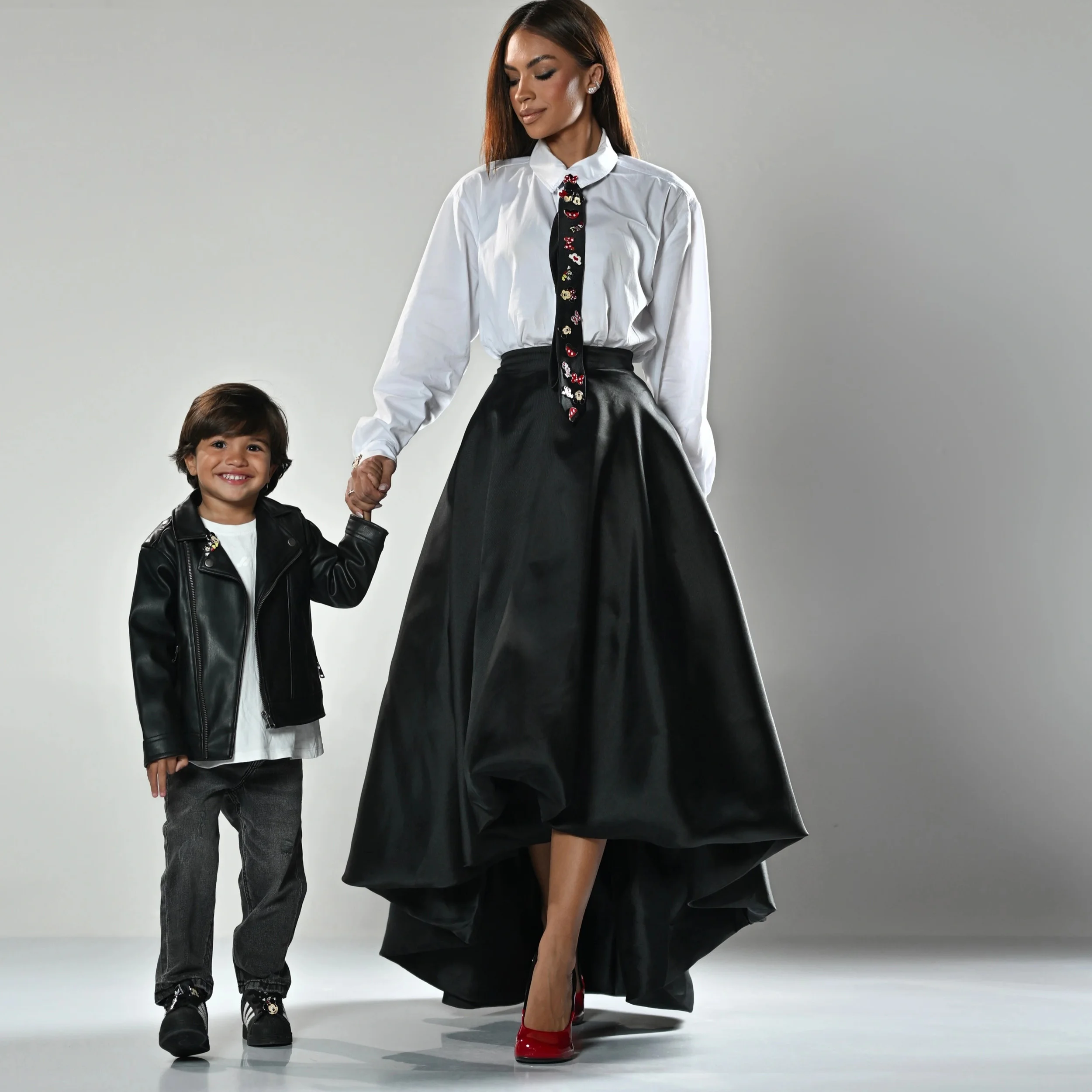 

Black High-Low Satin Maxi Skirt High Waist A-Line Ball Gown Style Women's Skirt Asymmetrical Hem Maxi Skirt with Full Flare
