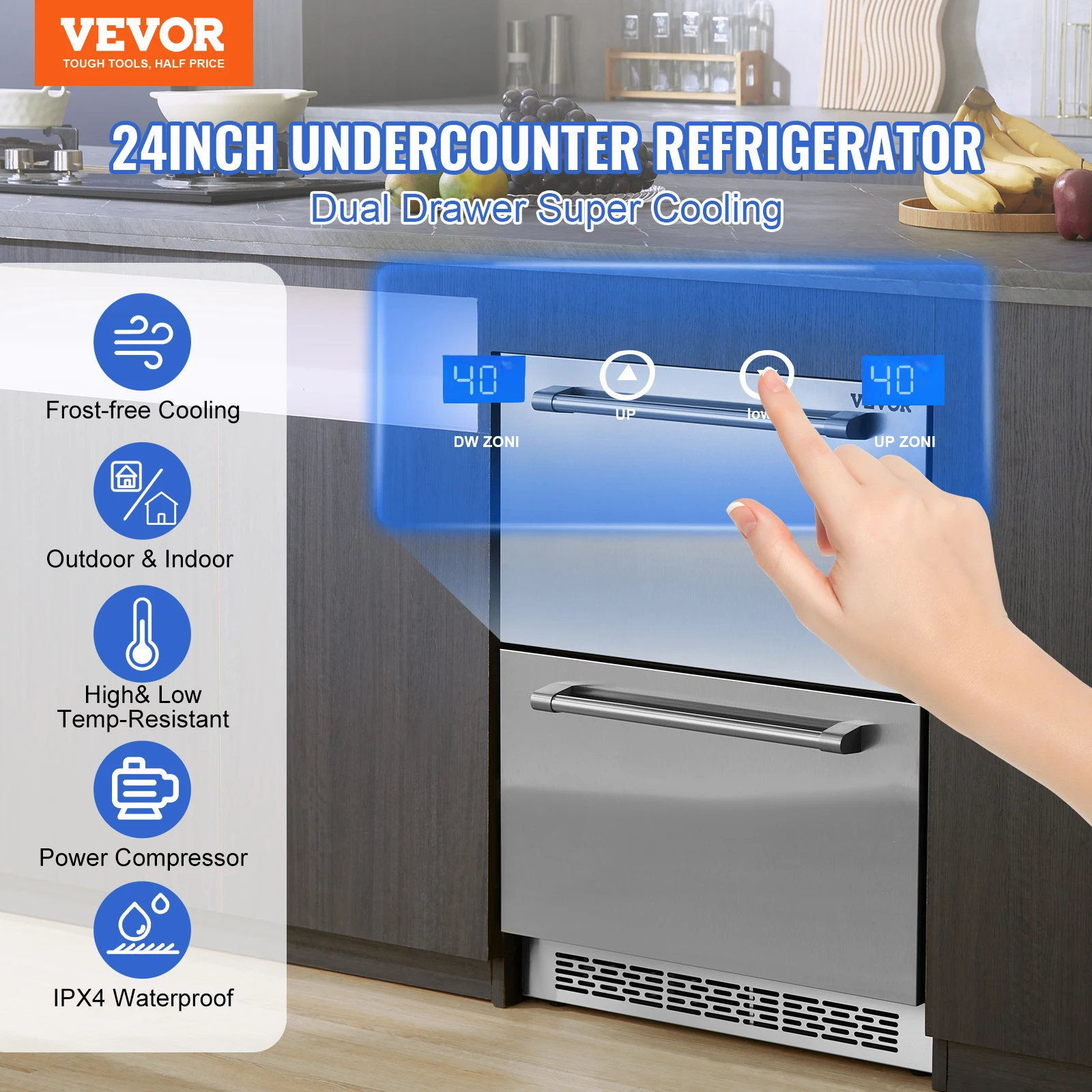 VEVOR-refrigerador do undercounter com painel de toque, bebida incorporado, 2 gavetas, 5,12 Cu.ft., 24 "capacidade capacidade capacidade