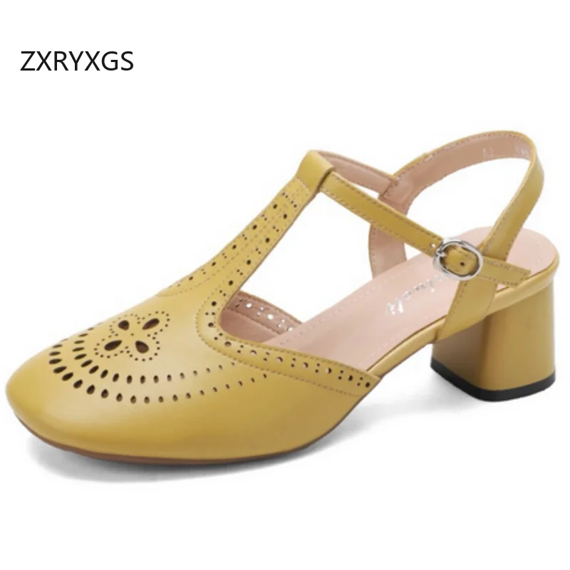 ZXRYXGS 2026 Summer Round Toe Side Open Sheepskin Leather Sandals Women's Elegant Trendy Sandals Banquet Thick Mid Heel Sandals