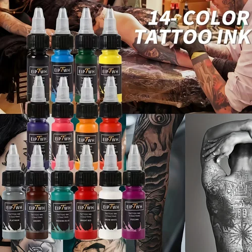 Imagen 2 del producto Tinta de tatuaje profesional: dinámica multicolor (14 colores) y colores vibrantes en botellas de 0,5 oz (15 ml) para artistas de tatuajes