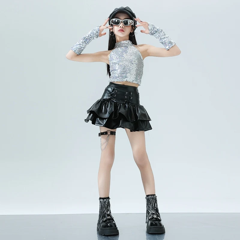 Kid's Hip Hop Dancing Set Girl's Street K POP Performance Costume Jazz Dance School Team Outfit Silvery Vest Black Skirt XH1512