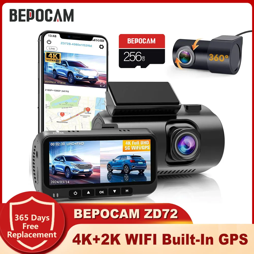 

BEPOCAM ZD72 4K Dash Cam for Cars DVR UHD 4K+2K Dual Channel Black Box Built-In GPS 5G WiFi With Rear Cam 170FOV Dashcam