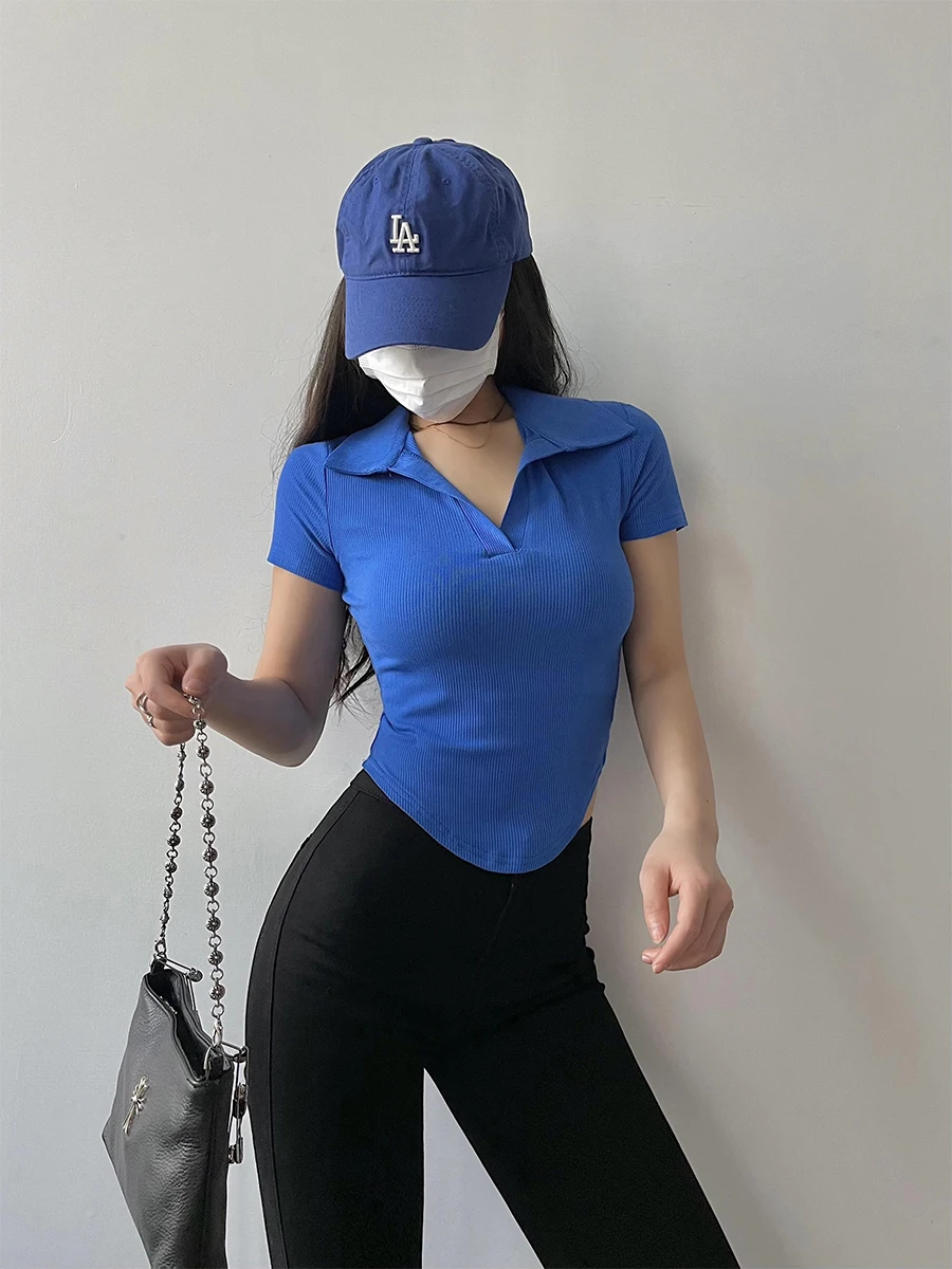 Sexy Short Sleeve T-Shirt YoungGirlDay Tight Fit Slimming Curved Hemline Baring Belly Button Flip Collar Summer Fashion Ladie...