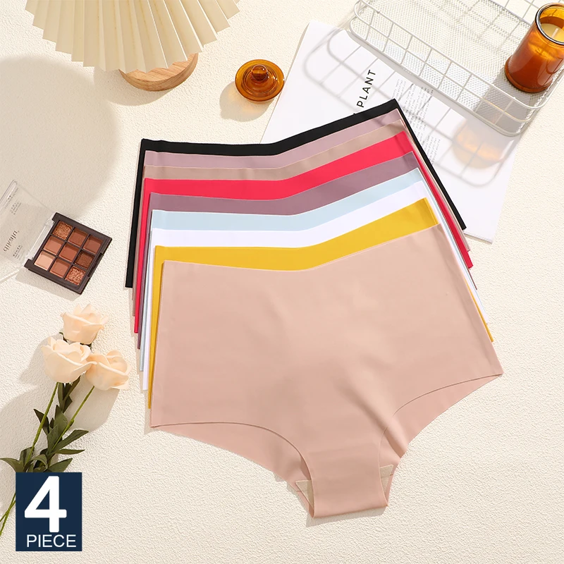 FINETOO 4Pcs Nahtlose Seide Slip Sexy Höschen Für Frauen Hohe Taille Komfortable Mädchen Seide Panty Weibliche Unterhose Frau Dessous