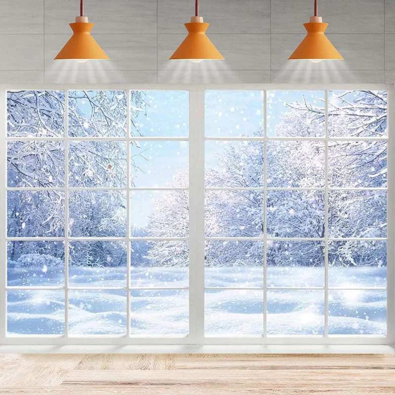 Winter Landscape Window Photography Backdrop Christmas Snow Trees Scenery Background Home Party Backdrop Wall Banner Decor