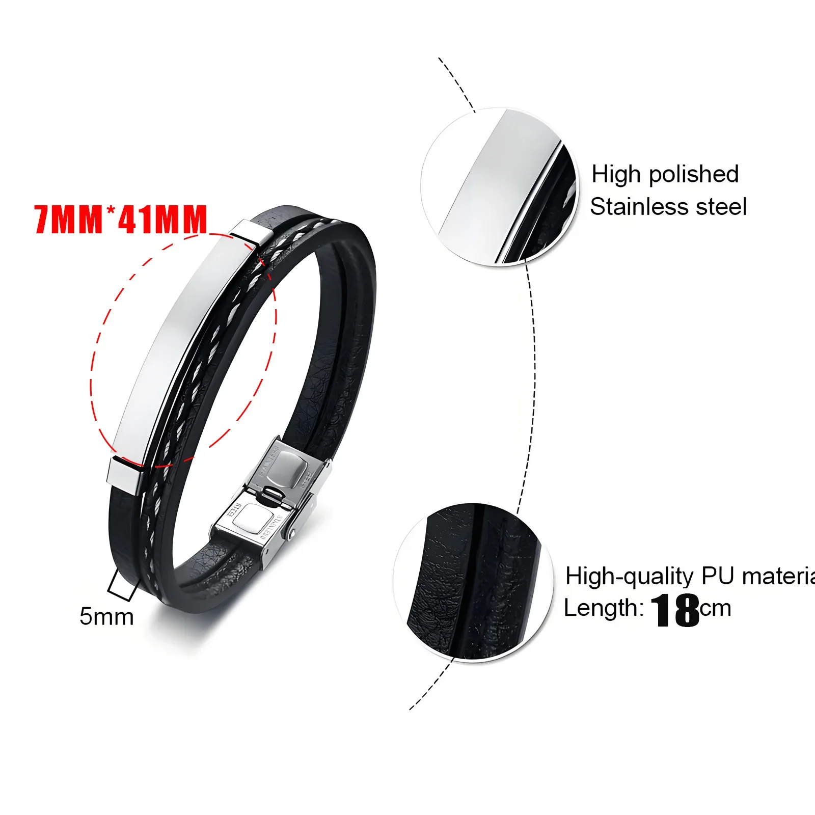Dubbellaagse gecoördineerde PU lederen armband met gebogen plaat van roestvrij staal, gegraveerd, modieus juweel, Vaderdag cadeau