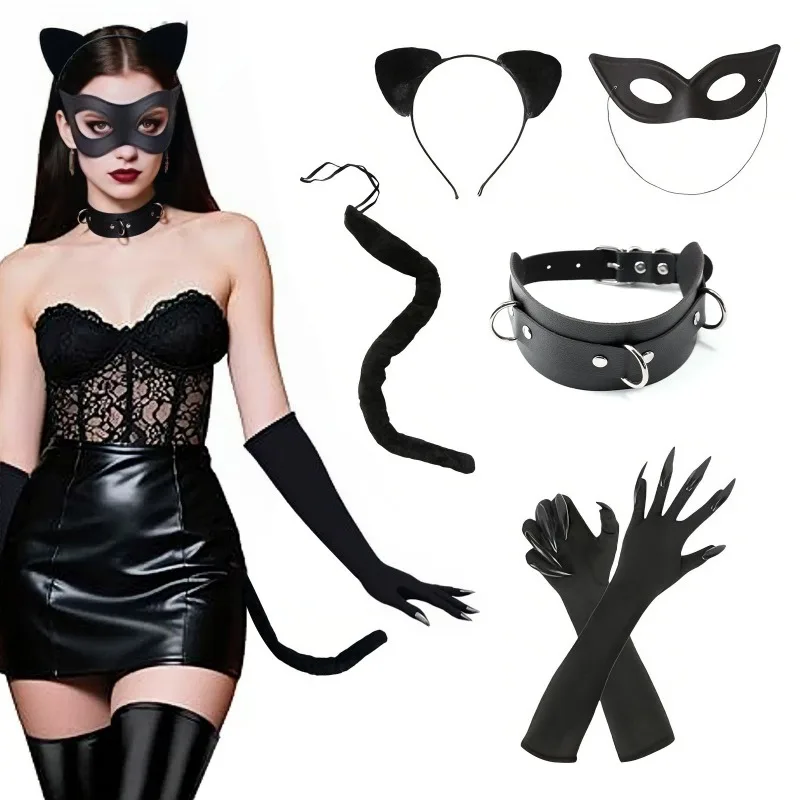 5pcs Halloween Party Sexy Cat Women Costume Cat Ears and Tail Set Cosplay Makeup Party Outfit Accessories