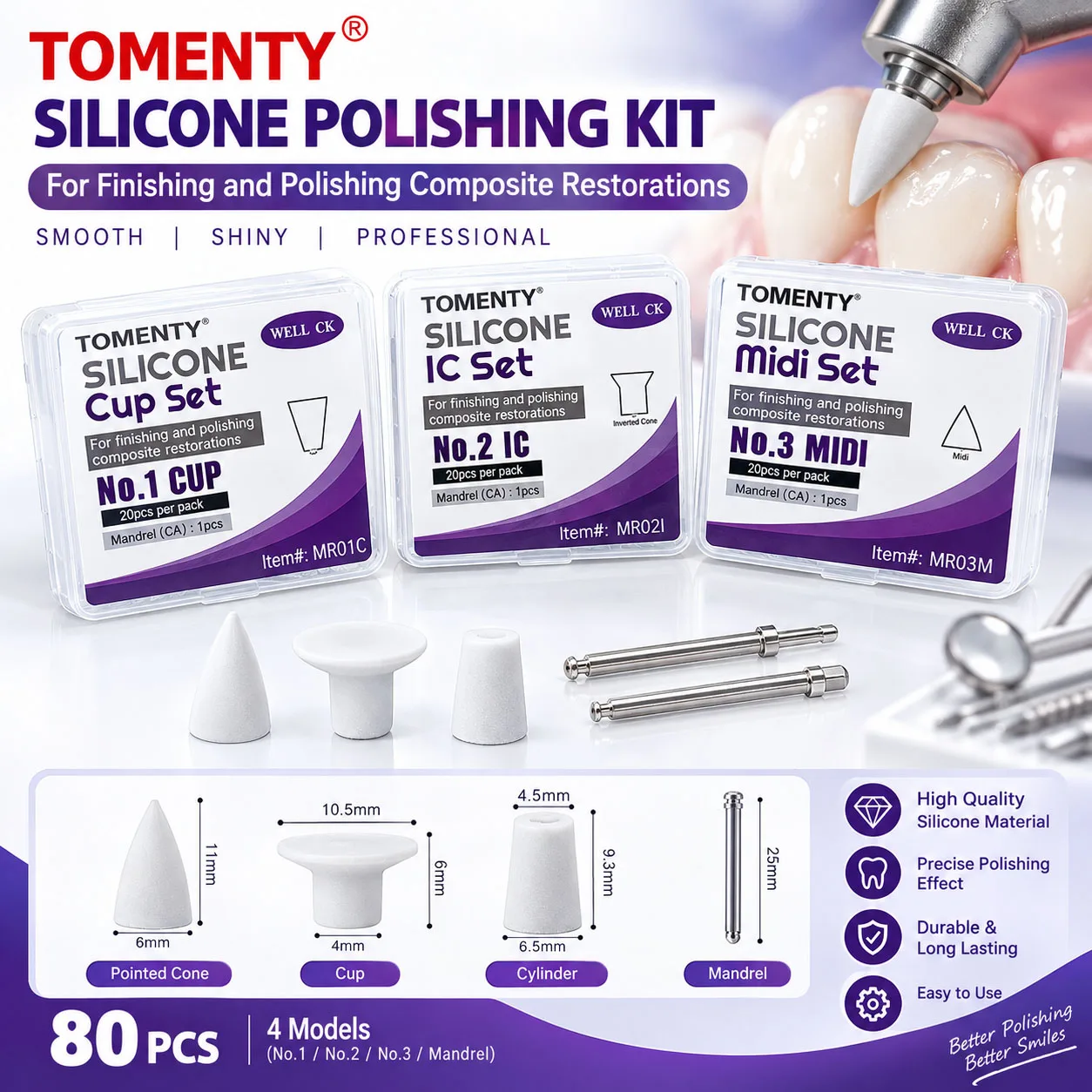 20pcs/Box Dental Composite Finishing Polisher Silicon Particle Polishing Head Cup with Mandrel CA 2.35mm Dentistry Tools