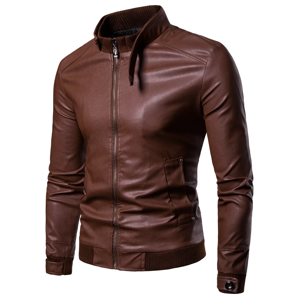 Autumn new men\'s Korean version slim standing collar PU leather jacket