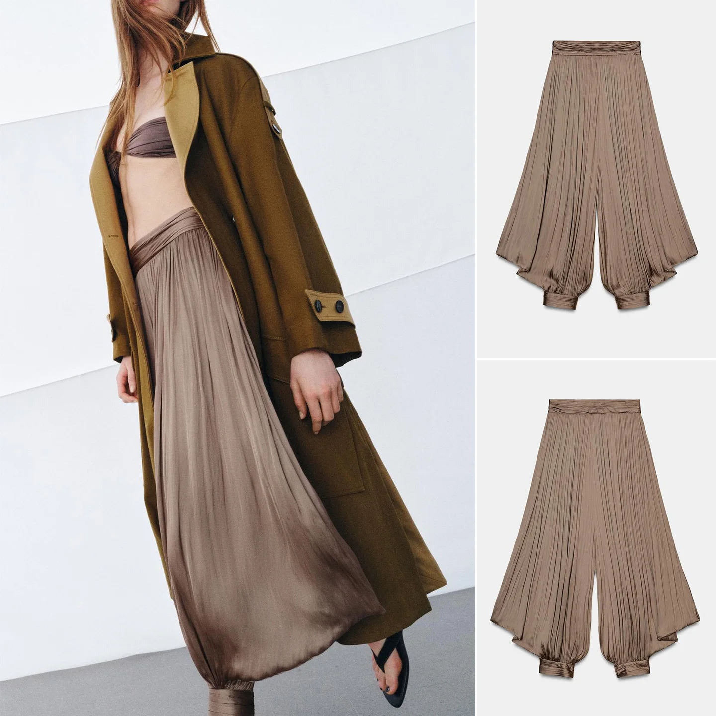 Spring New Arrival Women's Minimalist Style Zipper Buckle Embellished mid Waist Pleated Loose Wide Leg Pants Casual Trousers