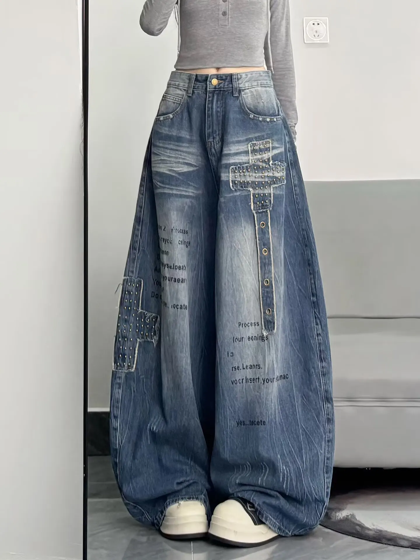 American High Street Rivet Letter Print Denim Retro Women's Autumn High Waisted Loose Wide Leg Pants Y2K Straight Leg Pants