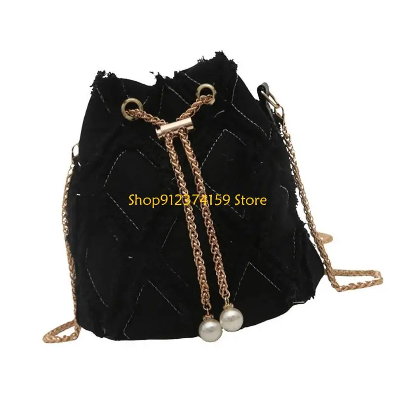 

G5AE Women's Elegant Tassels Denims Bucket Crossbody Bag with Chain Strap Jeans Drawstring Shoulder Purse for Everyday Use