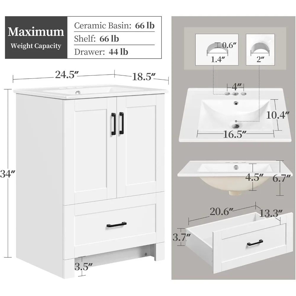 Armário de banheiro moderno de 24,5 "com bacia de cerâmica, armário de pia de banheiro undermount com 2 portas e 1 gaveta, armário de armazenamento