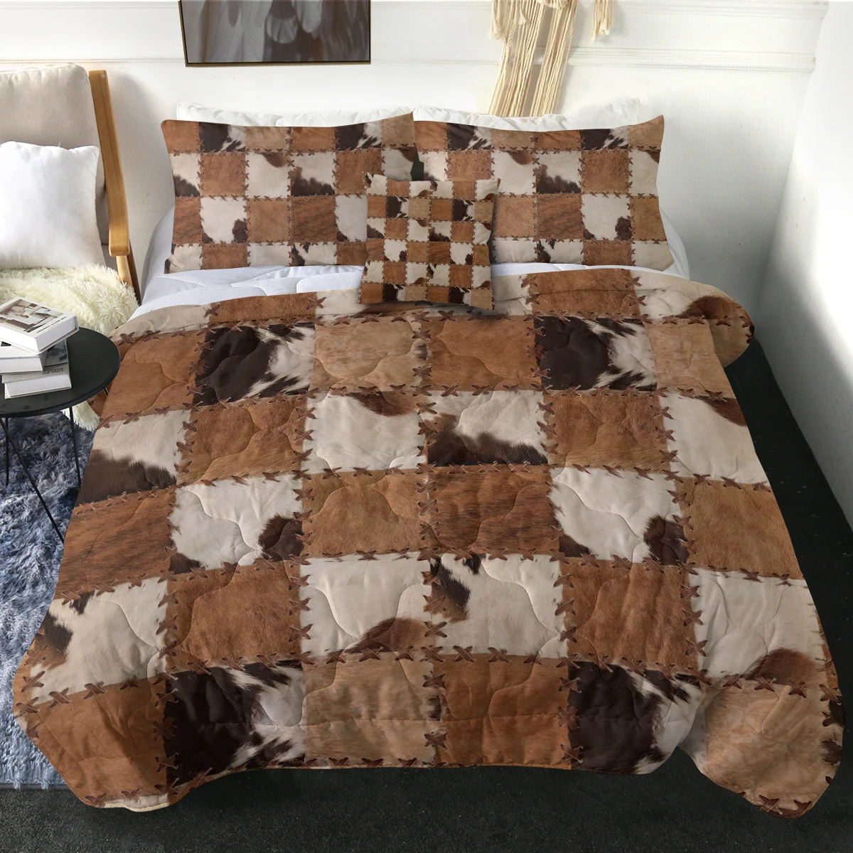 

3 PCS Bedding Sets Fur-like Patchwork Comforter Set Cowboy Farmhouse for All Season with Comforter & 2 Pillowcases