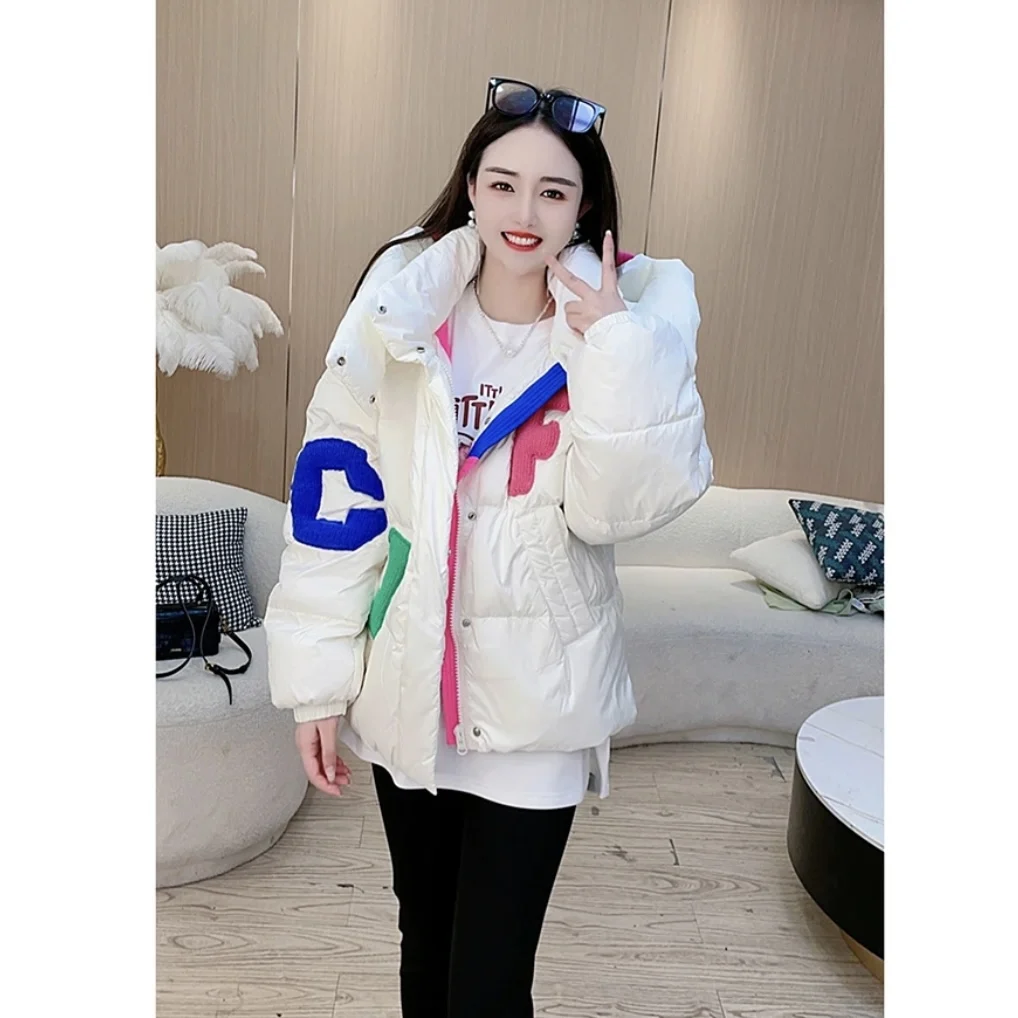 2023 Winter New European Color Block Patchwork Trendy Brand Letter Down Jacket Women\'s Casual Loose White Duck Down Bread Coat