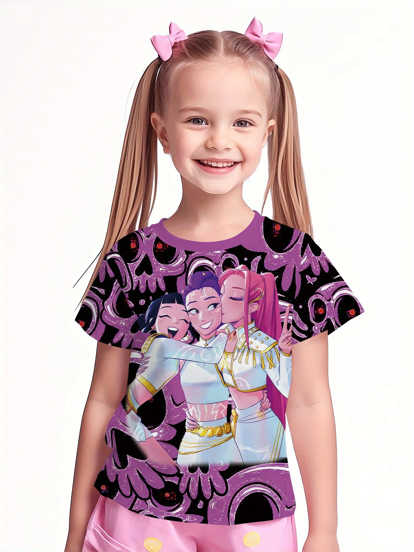Girls Cartoon Anime T‑Shirt, Little Kids Fantasy Girl Character Purple Skull Pattern Short‑Sleeve Crew Neck Casual Daily Te