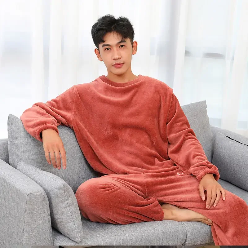 Winter Men\'s Suit Couples Coral Fleece Pajamas Fall and Winter Home Wear Long-sleeved Warm Clothes Padded Thickened Pants