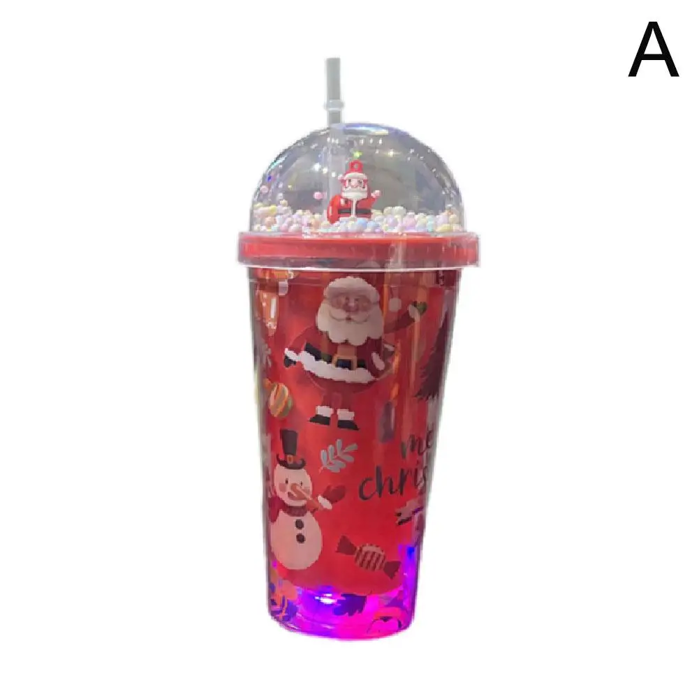 Tasse à glace de Noël avec dessin animé léger, grande beauté, double couche, grande capacité d'eau, paille en plastique, 400-500ml, V5p3
