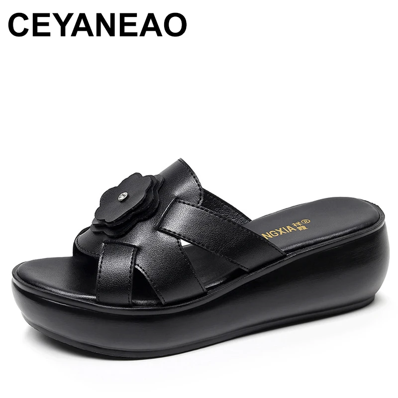 

Summer Open Toe Slippers Women Sandal Shoes Sweet Flowers Genuine Leather Sandals Platform Wedges Increase Slipper