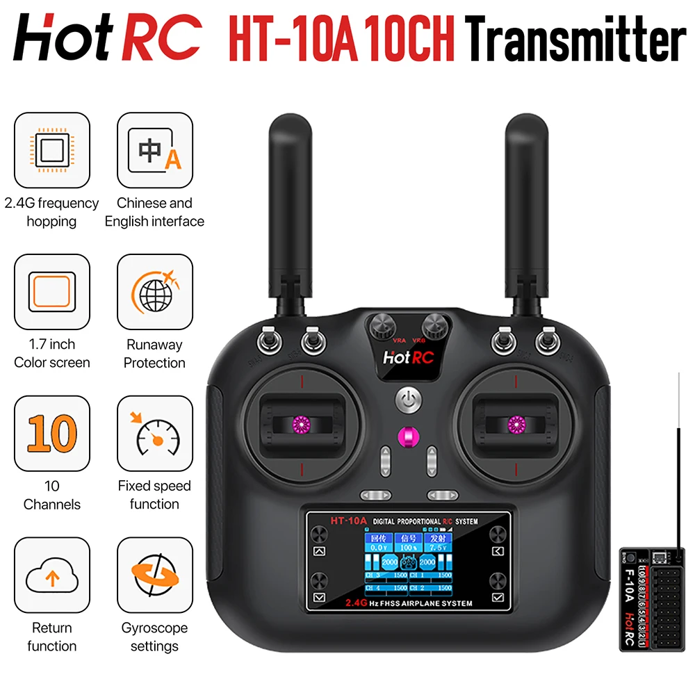 HOTRC HT-10A RC Transmitter 10CH 2.4G 1.7Inch Screen With F-10A Receiver For Model Airplanes RC Boats Car Drones DIY Robots