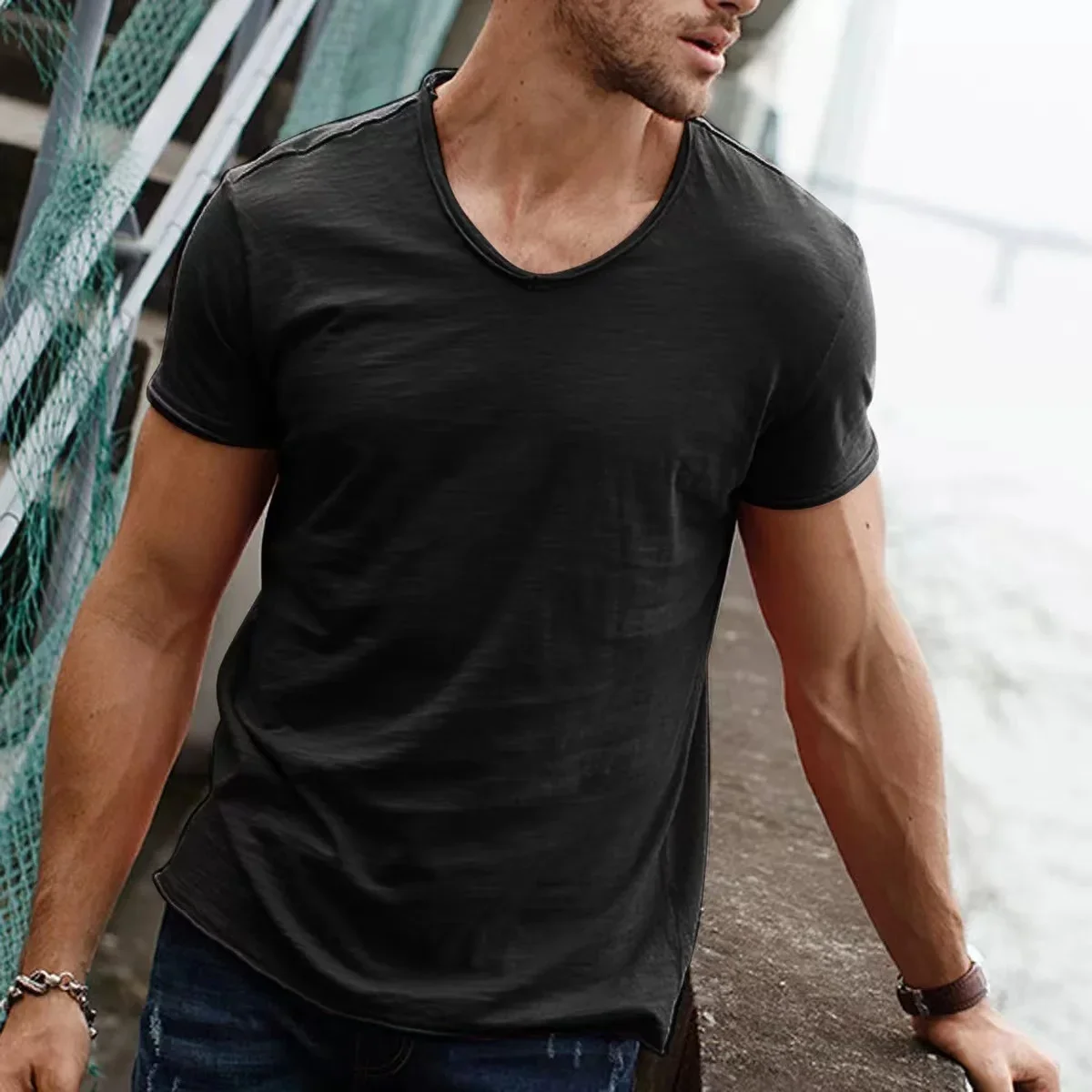 

Summer Men Brand Quality 100% Cotton Short Sleeve Tshirt V Neck Fashion Slim Fit Soild Tshirts Male Tops Tees Camisetas Hombre